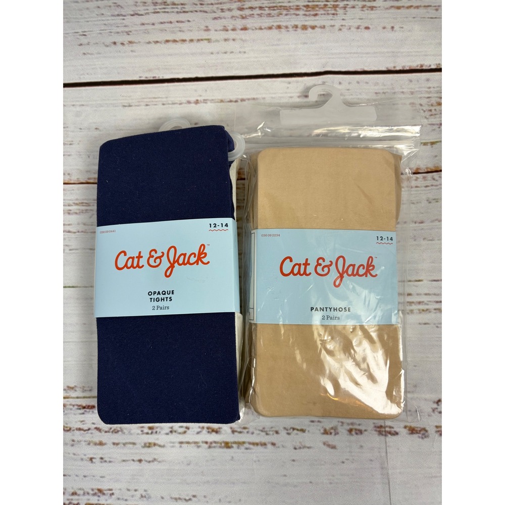 Cat & Jack Girls Tights and Pantyhose 4 Pairs Total - Navy White Tan Size 12-14